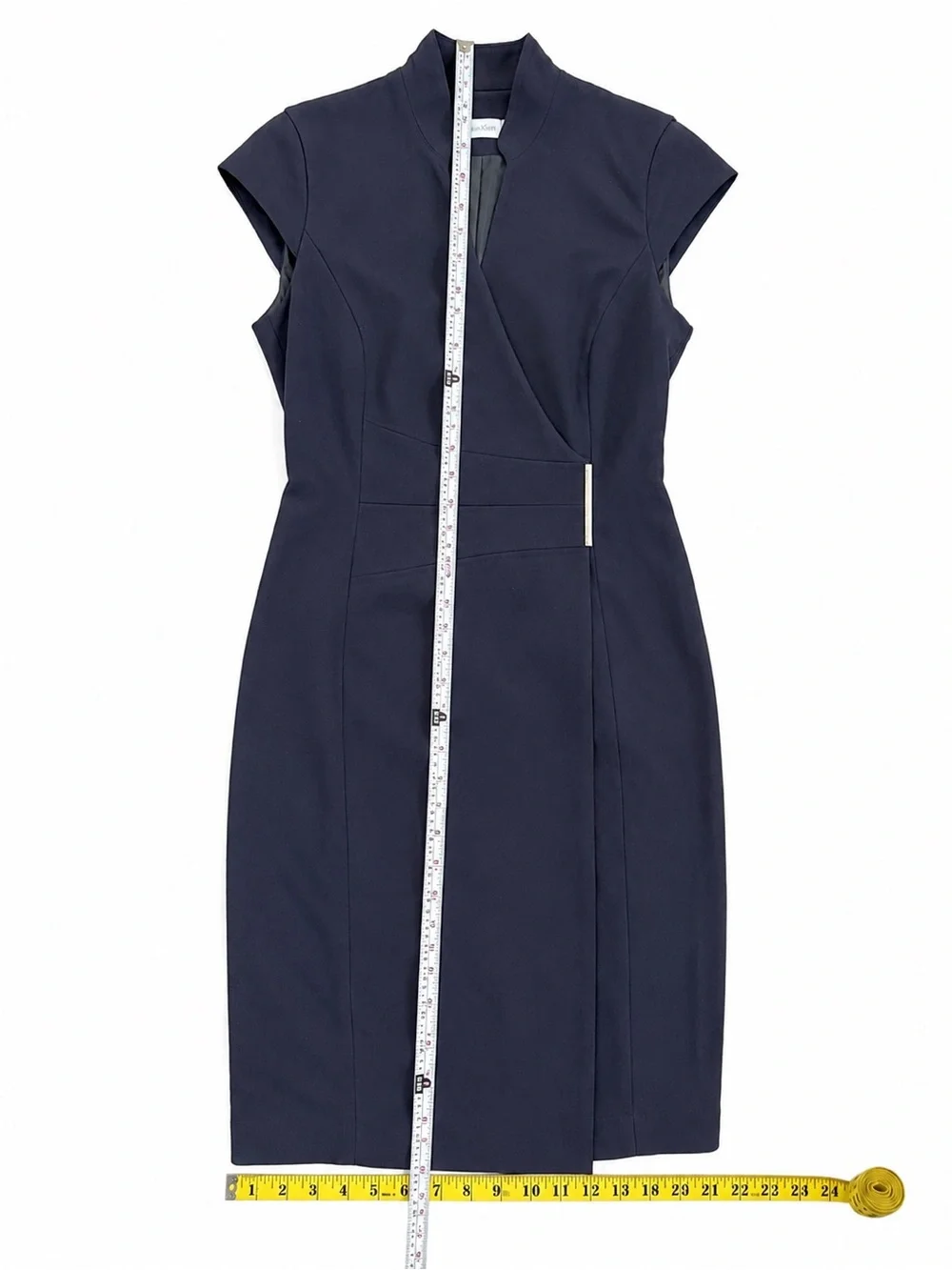 Calvin Klein (Carolyn Bassett) Style Navy Cap-Sleeve Wrap Sheath Dress Size - Picture 5 of 7